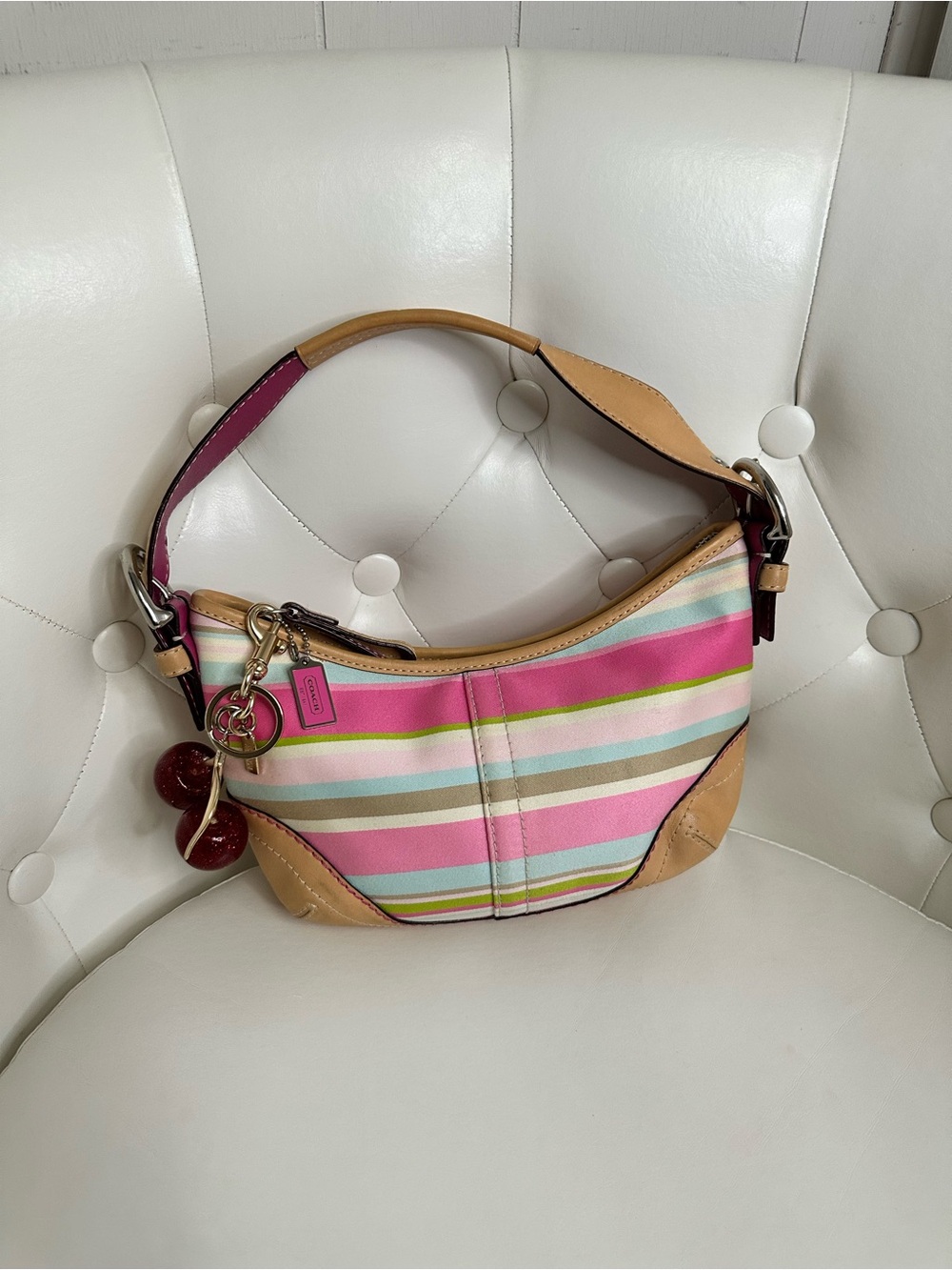 Coach Pink Multi-Stripe Canvas Shoulder Hobo with Tan Leather Trim